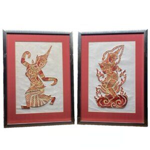 PAIR Large Vintage Thai Temple Rubbings Red - Etched Gold Metal Frames 23x17"